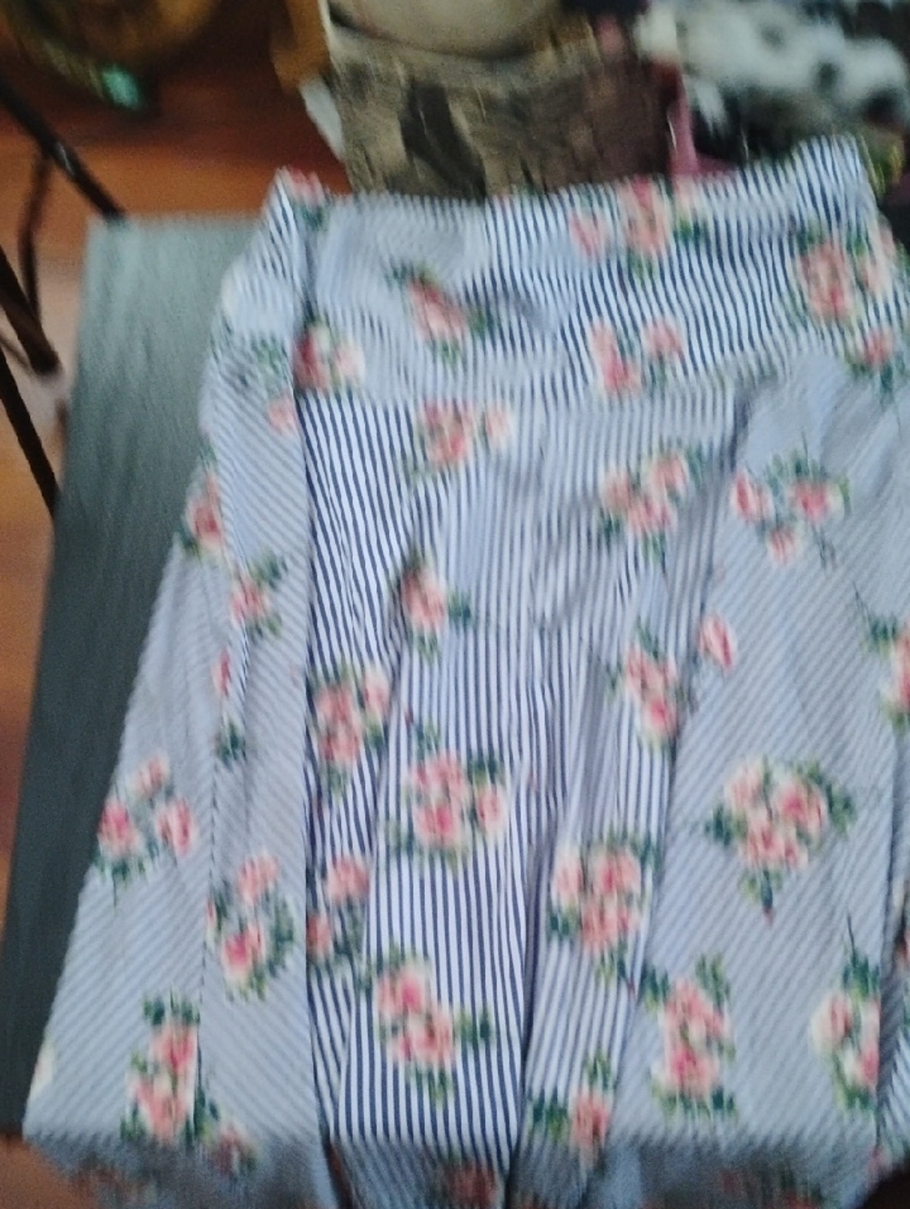 Ashley Blue Striped A-Line Skirt with Pink Floral Print